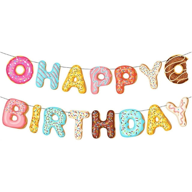 Banner de feliz cumpleaños con temática de dona. Ideal para cumpleaños infantiles y fiestas de bienvenida.