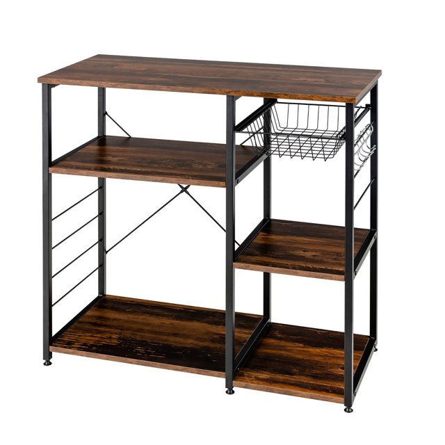 Costway Industrial Kitchen Baker's Rack Microwave Stand Utility Home Shelf w/ 6 Hooks
