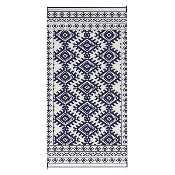 Outdoor Rug 9x18 Reversible - Waterproof RV Patio Rug with Carry Bag - Blue & White Rhombus Border - Camping, Beach, Picnic