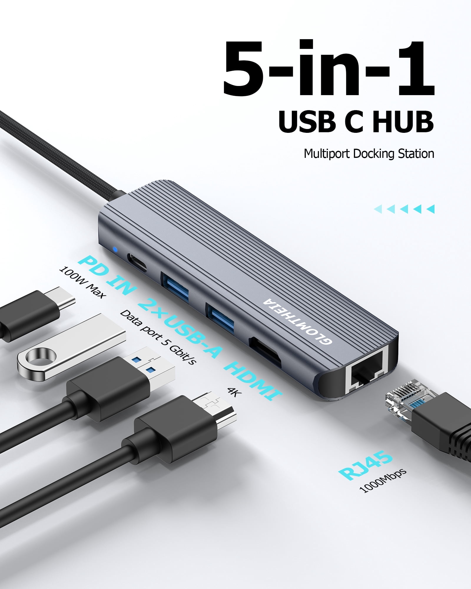 USB C Hub Ethernet HDMI Multiport Adapter for MacBook Pro/Air, iPad, Laptop Dock with 5Gbps USB A/C, 1Gbps RJ45 Gigabit Ethernet, 4K@30Hz HDMI, 100W Pass Through Charging