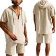 thumbnail image 1 of Conjunto de Pantalones Cortos para Hombre 2 Piezas Outfits Color Sólido Botón Cordón de Lino Camiseta con Capucha Y Pantalones Cortos de Playa, 1 of 9
