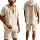 thumbnail image 1 of Conjunto de Pantalones Cortos para Hombre 2 Piezas Outfits Color Sólido Botón Cordón de Lino Camiseta con Capucha Y Pantalones Cortos de Playa, 1 of 9