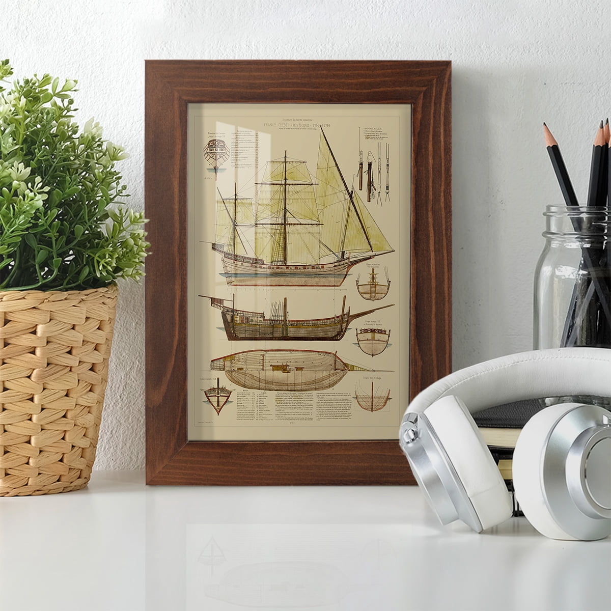 Antique Ship Plan II -Framed Print w/glass-Chestnut