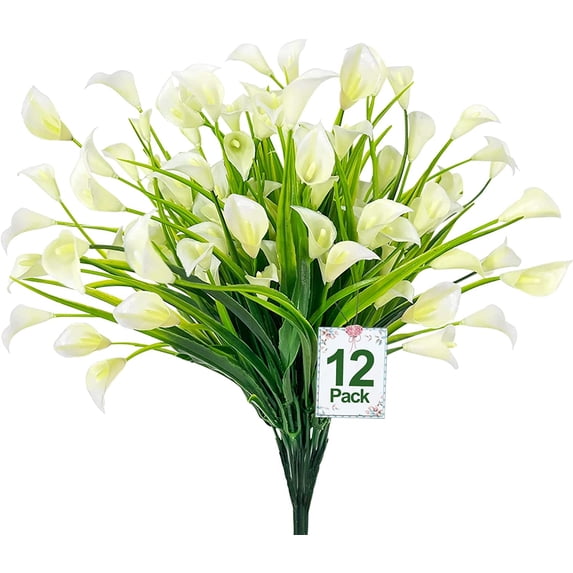 Sinhoon 12pcs Calla Lily Artificial Flowers Plants Outdoor Decorations, UV Resistant Faux Fake Plants Plastic Flower Indoor Outside Hanging Planter Home Garden Porch Decor (White)