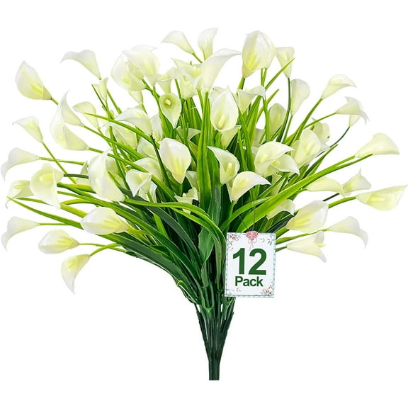 Calla Lily (3Heads) Artificial Flowers for Outdoors, UV Resistant Faux Fake Plants Plastic Flowers Indoor Outside Planter Home Porch Summer Cemetery Decor(White)