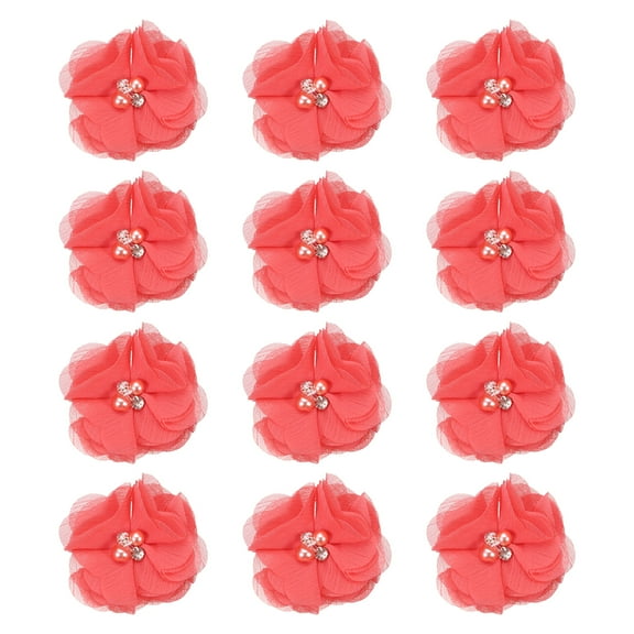 Uxcell 2 Inch Chiffon Flowers, 12 Pcs Rhinestone Pearl Sewing Fabric Flowers, Watermelon Red