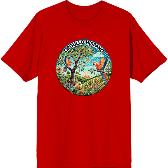 Orgullo Hispano Parrot Mosaic Adult Red Crew Neck Short Sleeve Tee-Medium