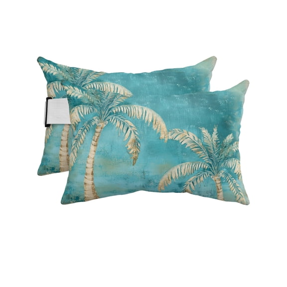Pack of 2 Outdoor Lumbar Pillow Covers 11x16 Inch, Coastal Beach Palm Tree Waterproof Throw Pillow Covers Set, Retro Teal Tropical Plant Summer Decorative Cushion Cases for Patio Porch Car