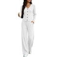 thumbnail image 3 of Women's 2 Piece Casual Knit Set V Necklinen Full Buttom Down Top Wide Leg Pants Casual Suits for Fall White XL, 3 of 6