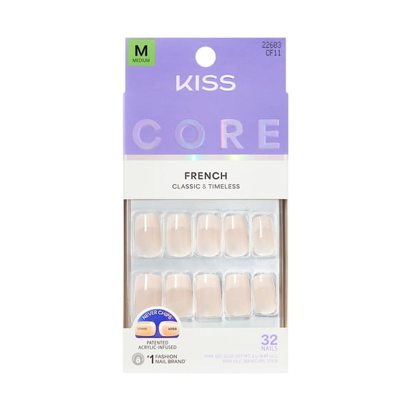 KISS CORE French Tip Press On Nails, ‘Scenario’, White, Medium Squoval, 32 Count