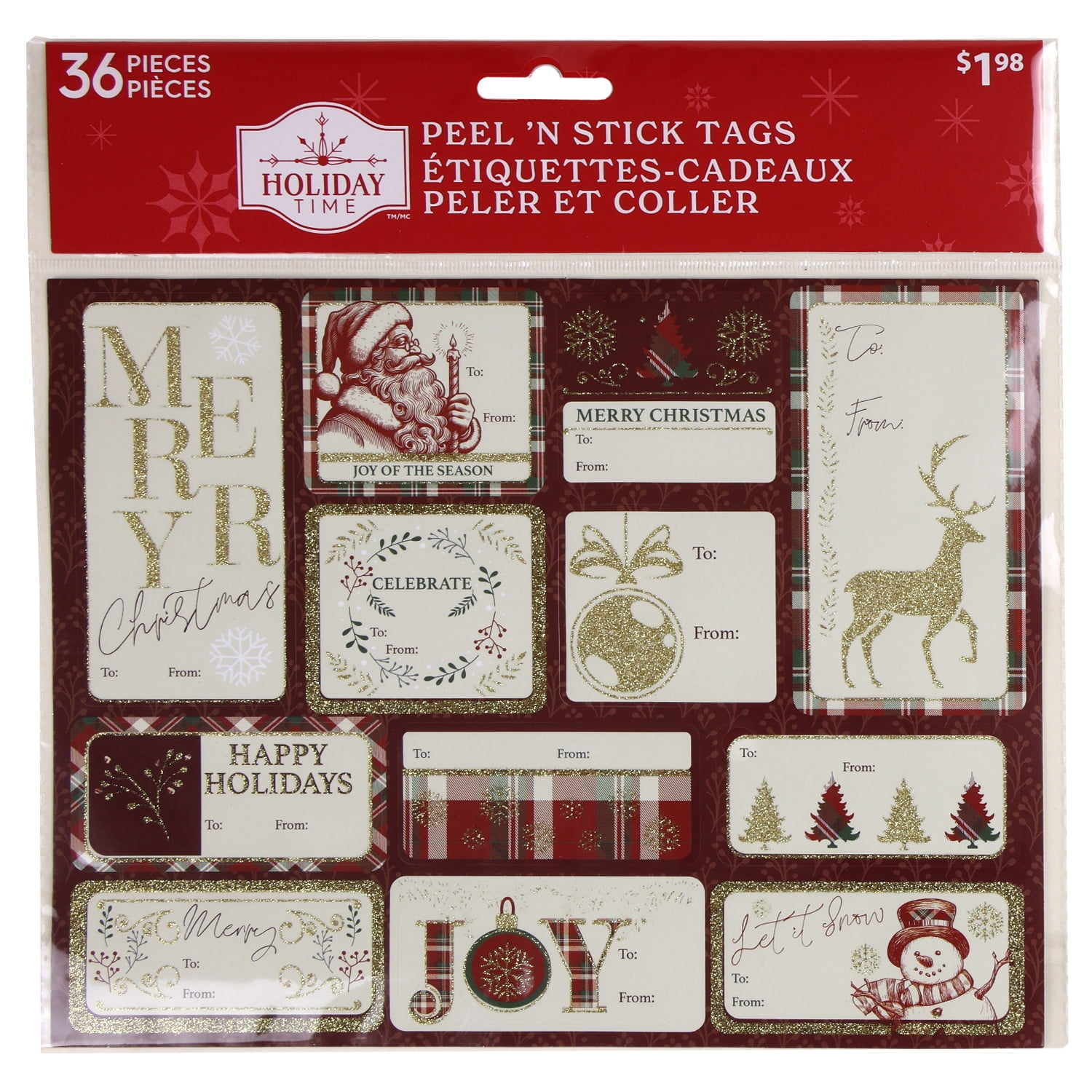 36 étiquettes cadeaux pelables et autocollantes de Holiday Time en classic rouge et verte Noël