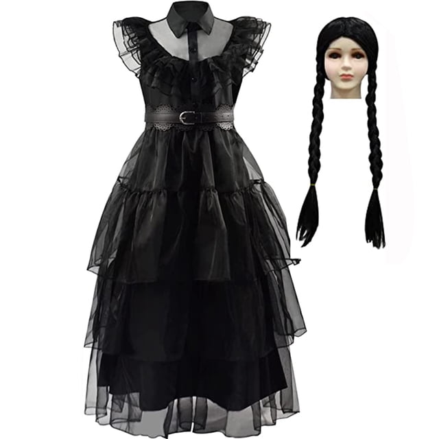 KAWELL Wednesday Addams Robe de Costume pour Filles Wednesday Costume de Cosplay Tenue d'Halloween pour 5-12 Ans