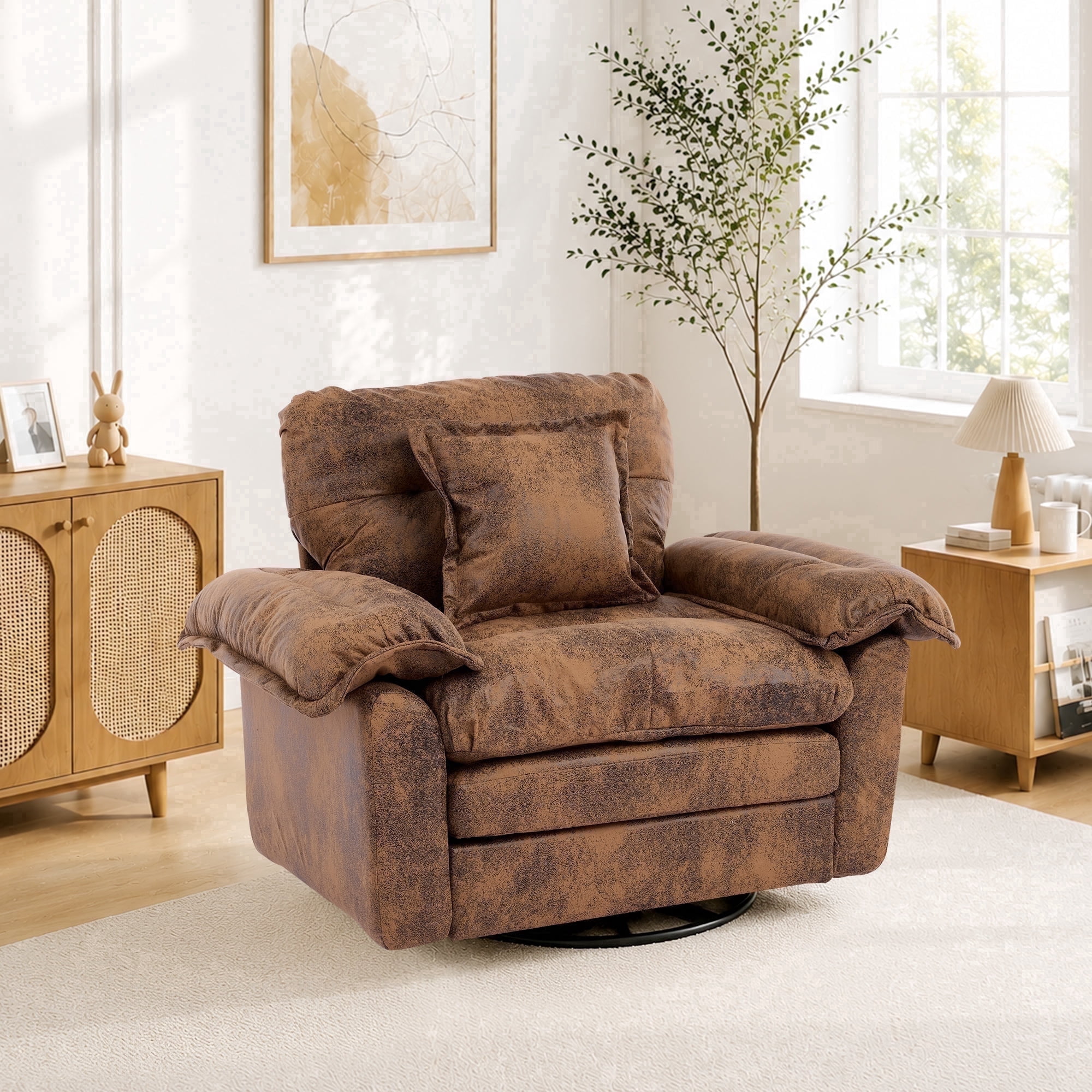Wansaly 360° Swivel Suede Armchair, 45.67’’ Modern Comfy Upholstered Reading Single Seat Accent Chair with Pillow for Living Room, Brown
