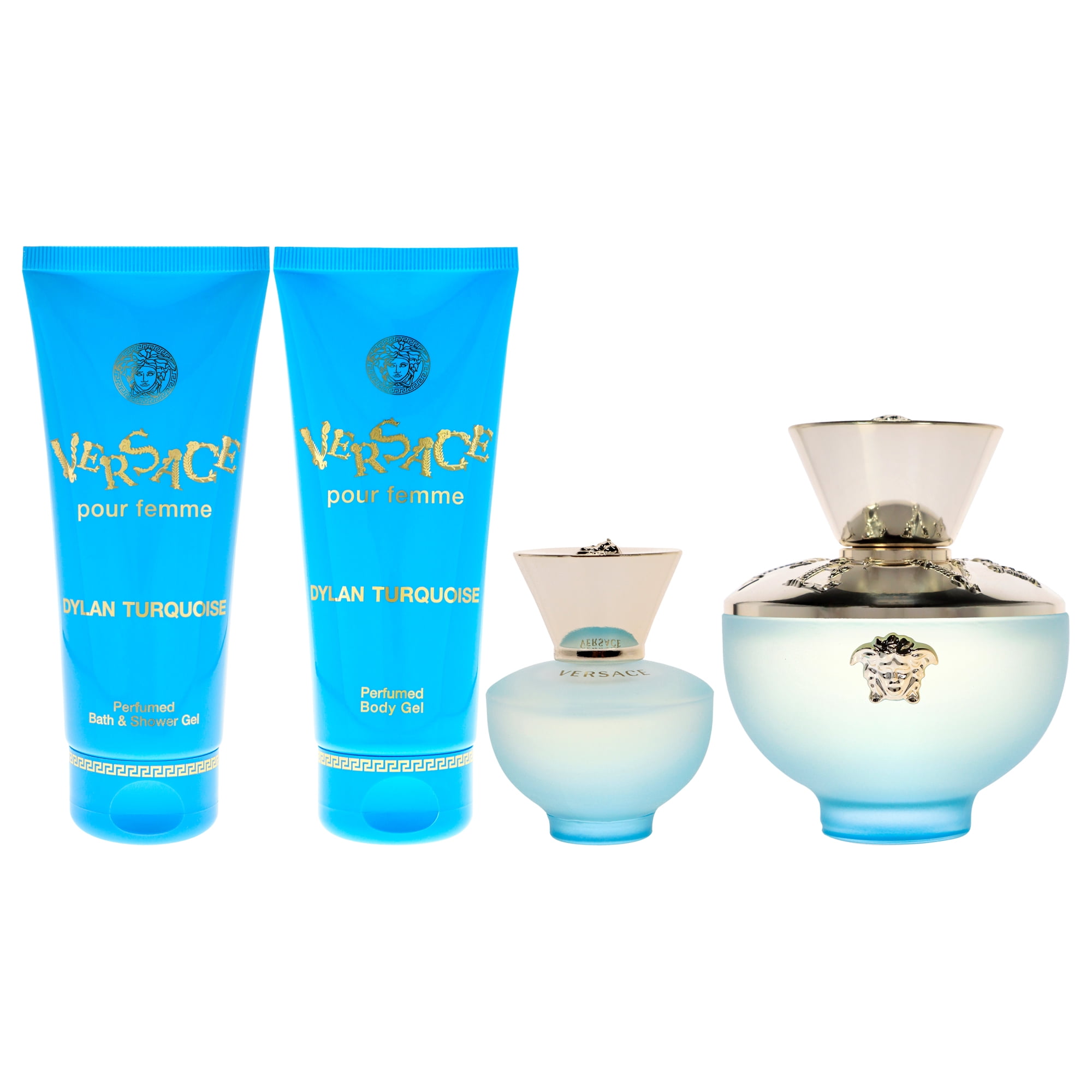 Versace Dylan Turquoise Pour Femme by Versace for Women - 4 Pc Gift Set  3.4oz EDT Spray, 3.4oz Perfumed Body Gel, 3.4oz Bath and Shower Gel, 5ml  EDT