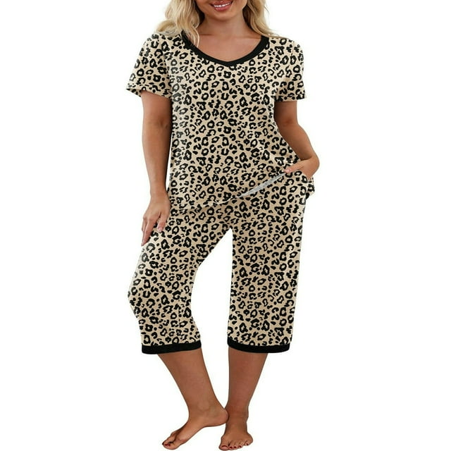 Pyjama en Coton pour Femmes, Ensemble Pjs à Manches Courtes, Haut de Nuit avec Pantalon Capri, Ensembles de Détente, Tenue de Nuit