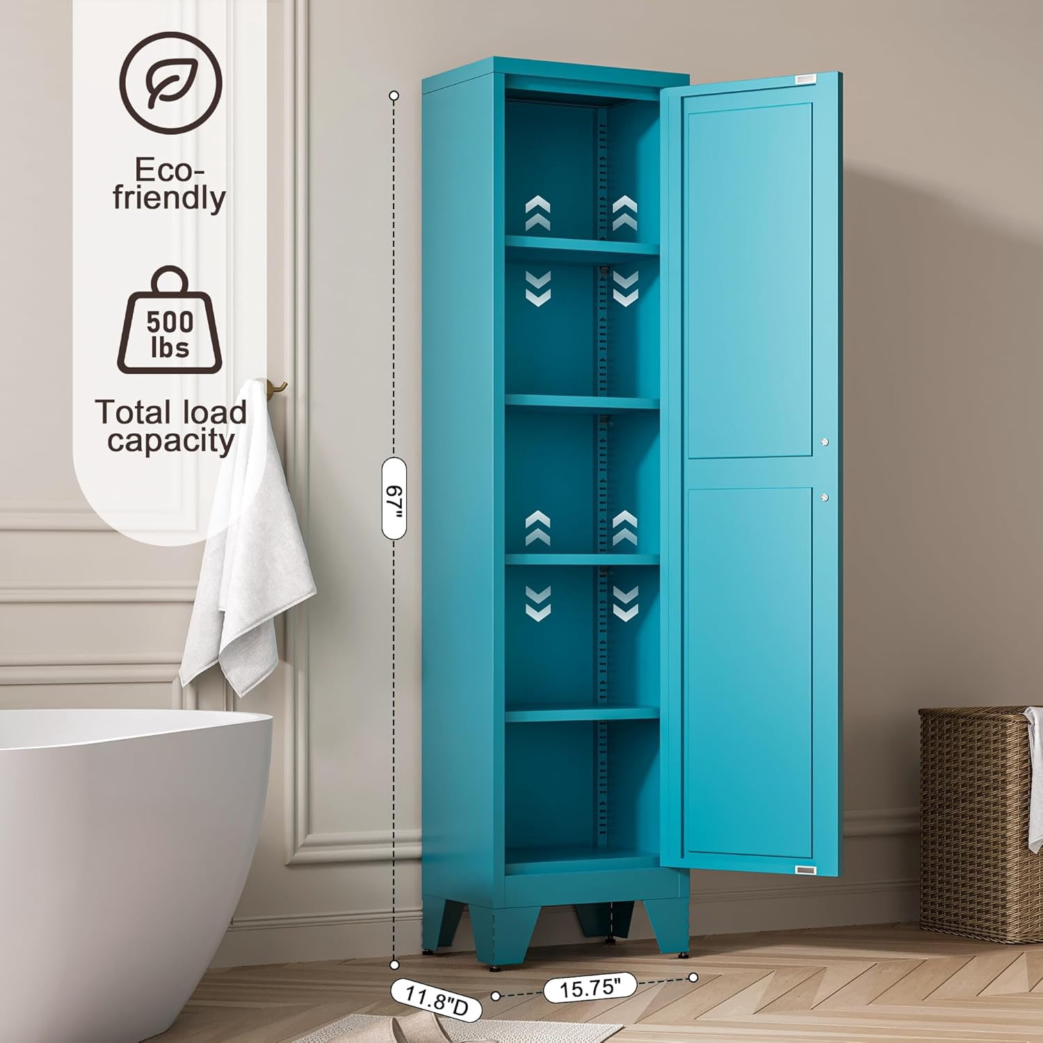 Elegant 67"H Tall Bathroom Cabinet,Narrow Metal Storage Cabinet with 5 Adjustable Shelves and Single Barn Door for Bathroom,Kitchen,Entryway,Blue