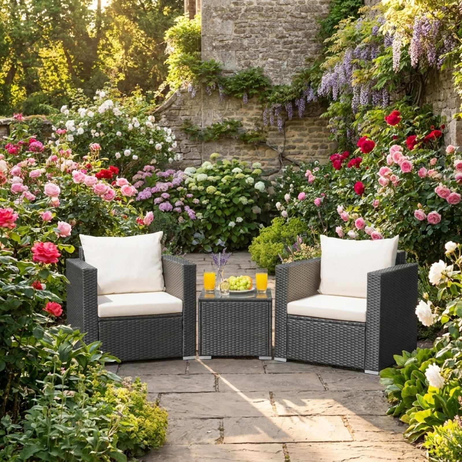 Biotree Patio Furniture Set 3 Piece Wicker Conversation Set with cushions and glass table outdoor conversation set for garden backyard porch balcony, White