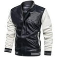 thumbnail image 3 of IYTR Men's PU Leather Jacket Baseball Jacket Zipper Motorcycle Jacket Red Blue Colorblock Long Sleeve Fashion Outwear Men's Clothing White XXXL, 3 of 5