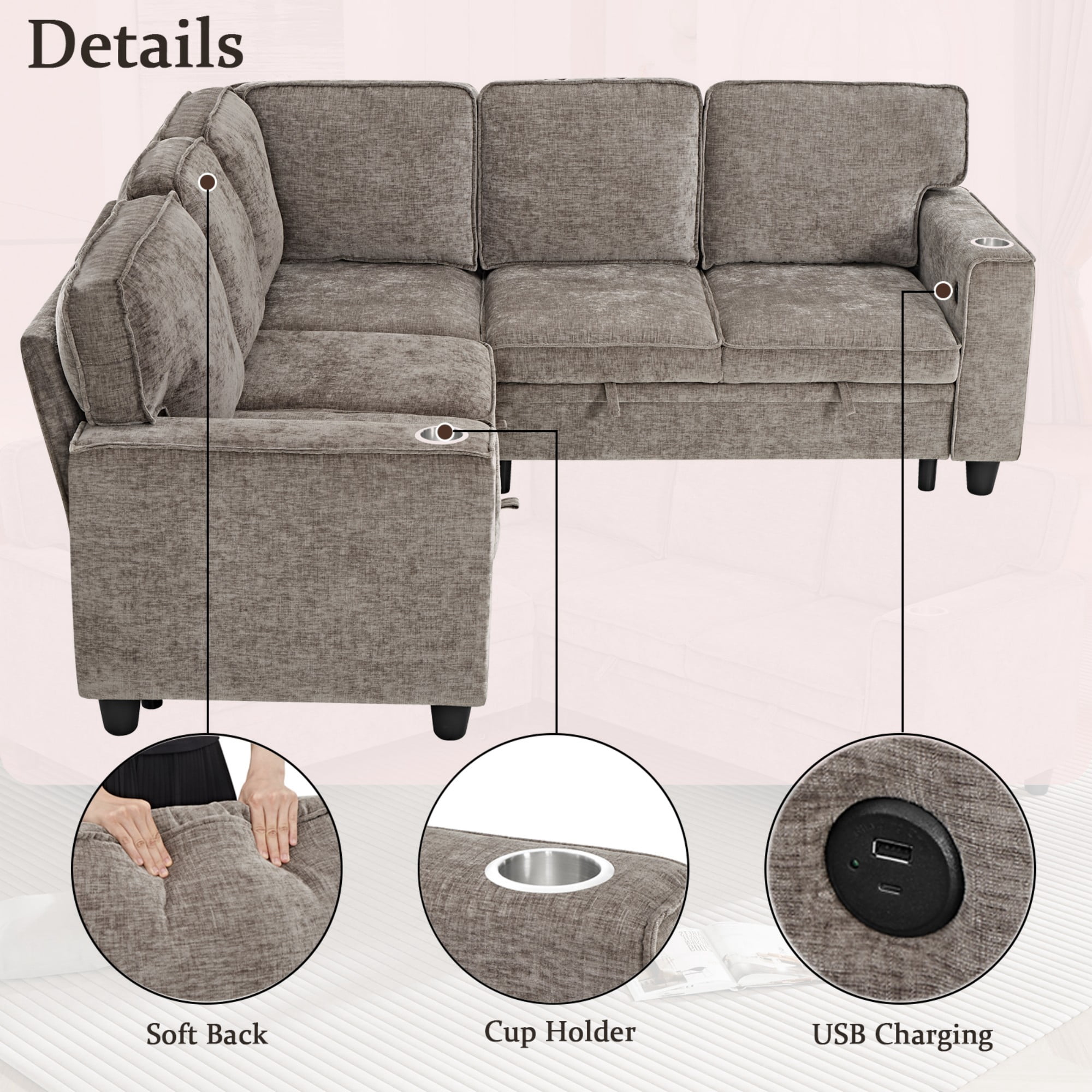 Gewnee L-Shaped Sectional Sofa,Modern Chenille Modular Sofa with Storage Function,USB‑C Charging Ports & Cup Holders,Pull Out Couch for Living Room,Light Brown