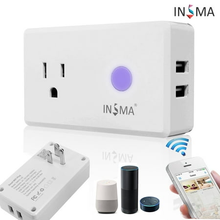 INSMA Dual USB Charger Wi-Fi Smart Outlet Socket Timer Power ON/OFF Phone usb wall outlet APP Alexa Voice Remote Control for ECHO ALEXA for GOOGLE