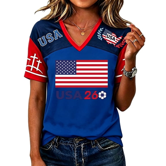 2026 Soccer Shirt for Women Usa Soccer Jersey Jersey Color Block V Neck Short Sleeve Raglan Shirts Loose Summer Tees, Dark Blue XXL