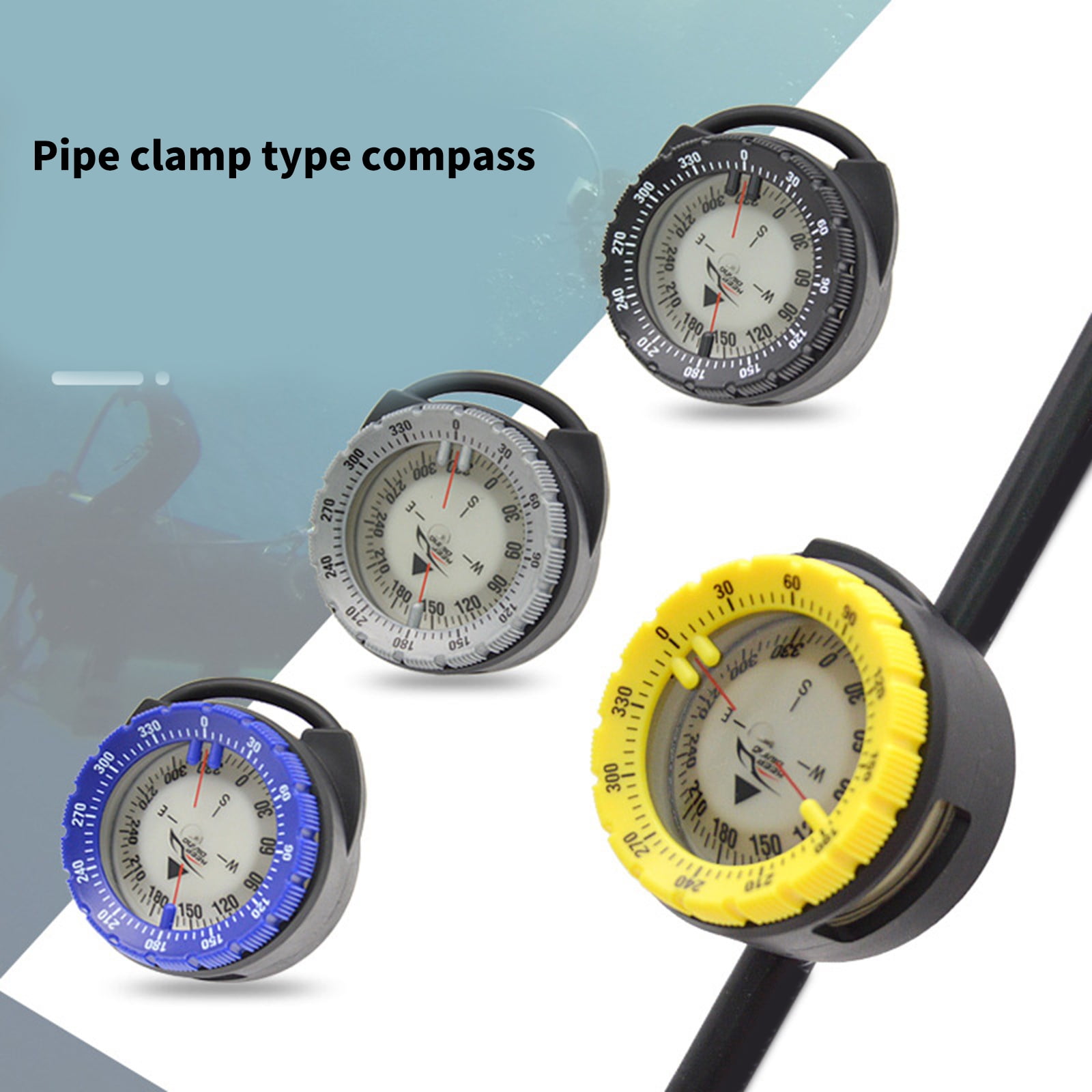 Diving Compasses with Pipe Clamp Designs, Compasses Glowing Compasses Night Waterproof Underwater Navigations Compasses