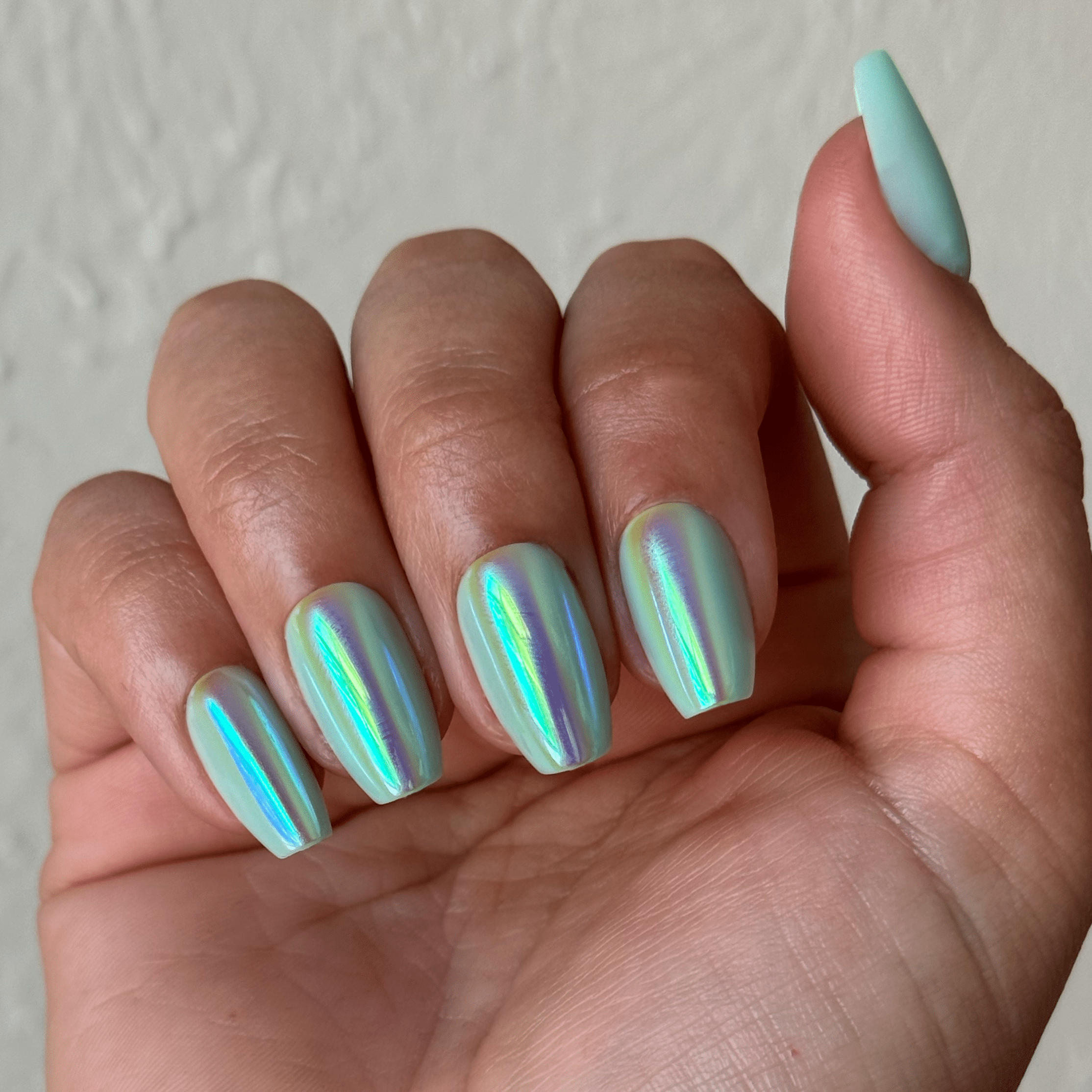 Olive & June + Bubble Instant Mani Medium Coffin Press-on Nails, Teal Glass Chrome, 42 Pieces