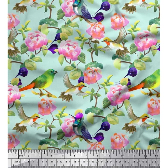Soimoi polyester Crepe Fabric Leaves,Floral & Hummingbird Bird Printed Fabric 1 Yard 42 Inch Wide