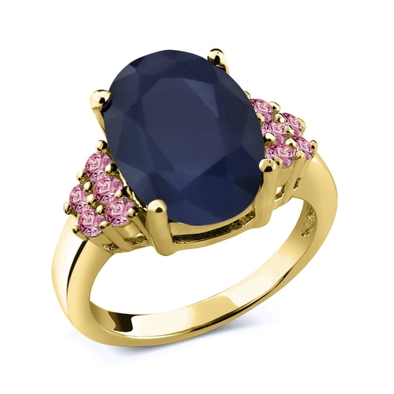 Gem Stone King 6.95 Ct Blue Sapphire Pink Lab Grown Diamond 18K Yellow Gold Plated Silver Ring (Size 5)