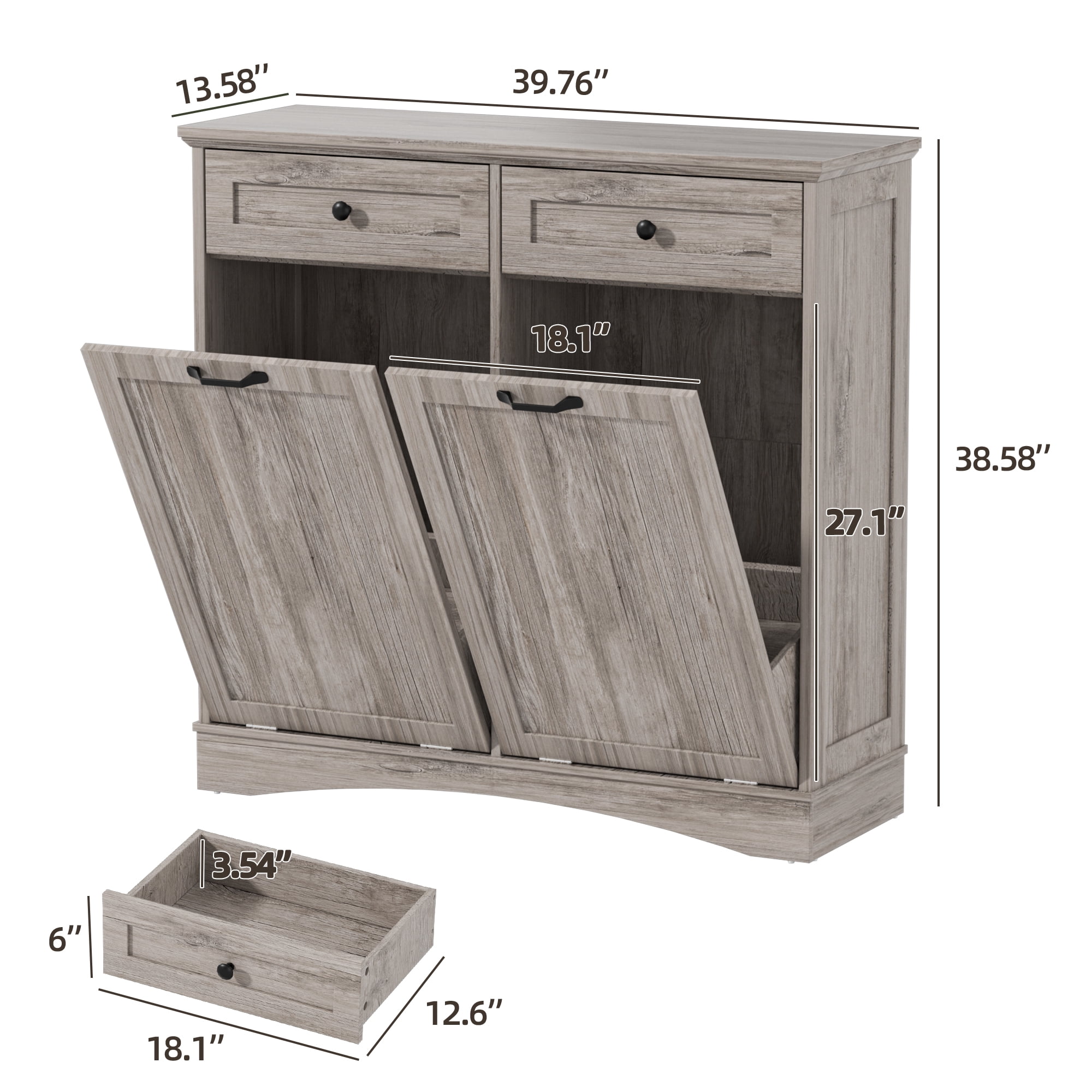 HARIPUL Double Tilt Out Trash Cabinet, 26 Gallon Trash Can Cabinet with Drawers & Handles for Kitchen, Gray