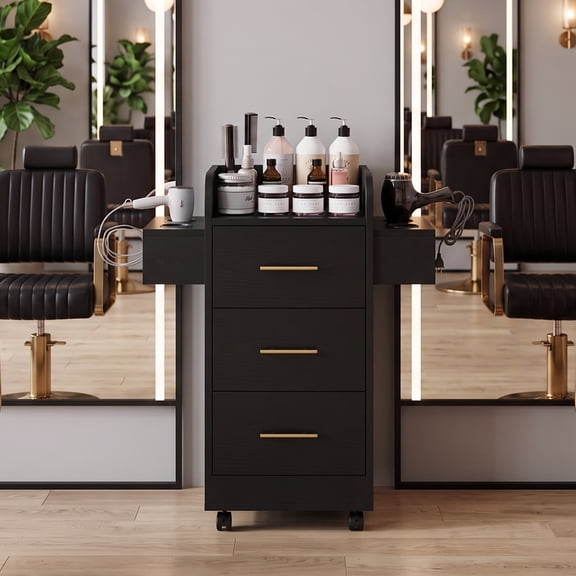 DreamCurship Beauty Salon Trolley Cart, Salon Cabinet with 360°Wheels, 3 Drawer, 6 Tool Holders, Barber Hair Stations for Salon Beauty Spa, Black
