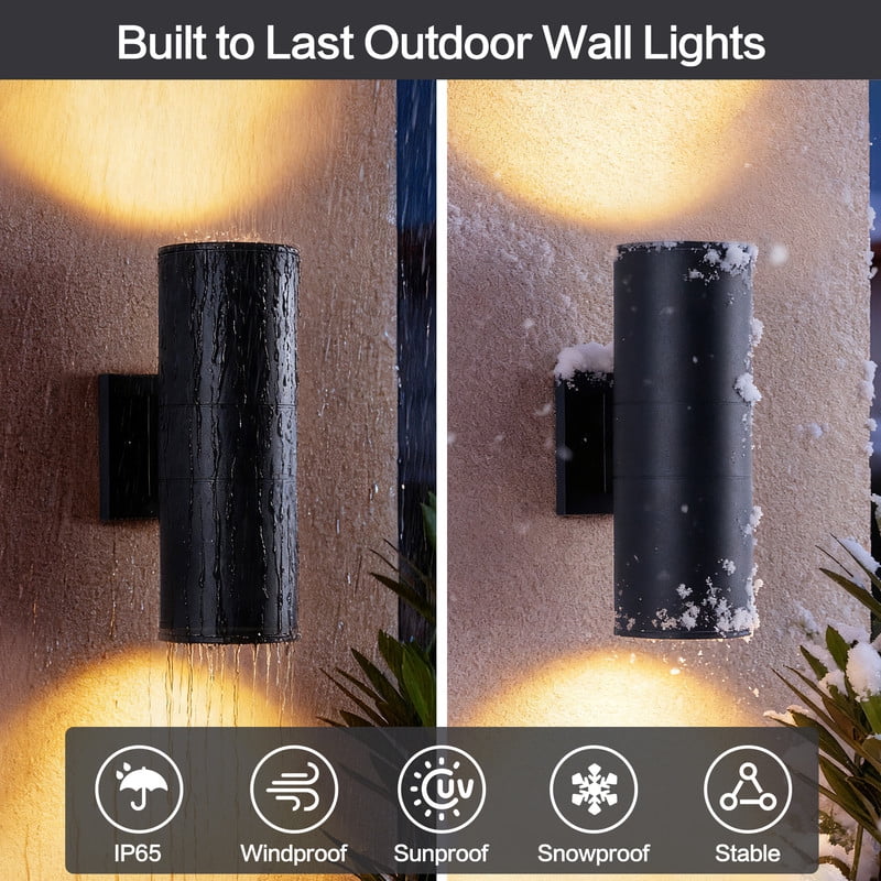 TICOZE 12 Inch Modern Outdoor Porch Light Pack of 2 Matte Black Outdoor Wall Sconce 2 Light Aluminum Cylinder with Tempered Glass Cover Waterproof Patio Light for House Garage