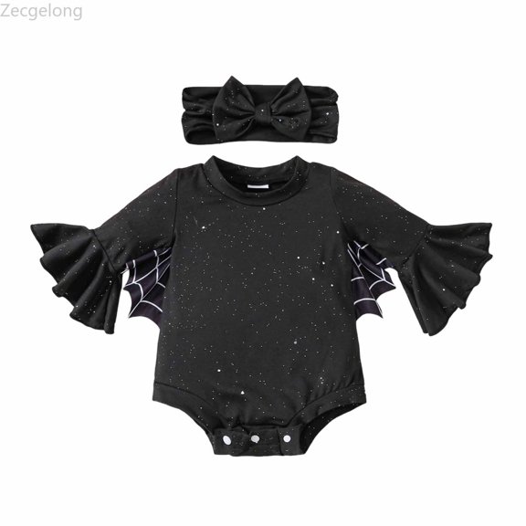 Zecgelong Baby Bat Long Sleeve Romper with Headband Toddler Party Outfit Black Size 0-18M