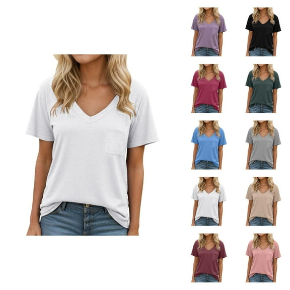 Basic T Shirts for Women 2025 Summer Casual Lightweight Short Sleeve V Neck Loose Plain Tshirt Womens T Shirts