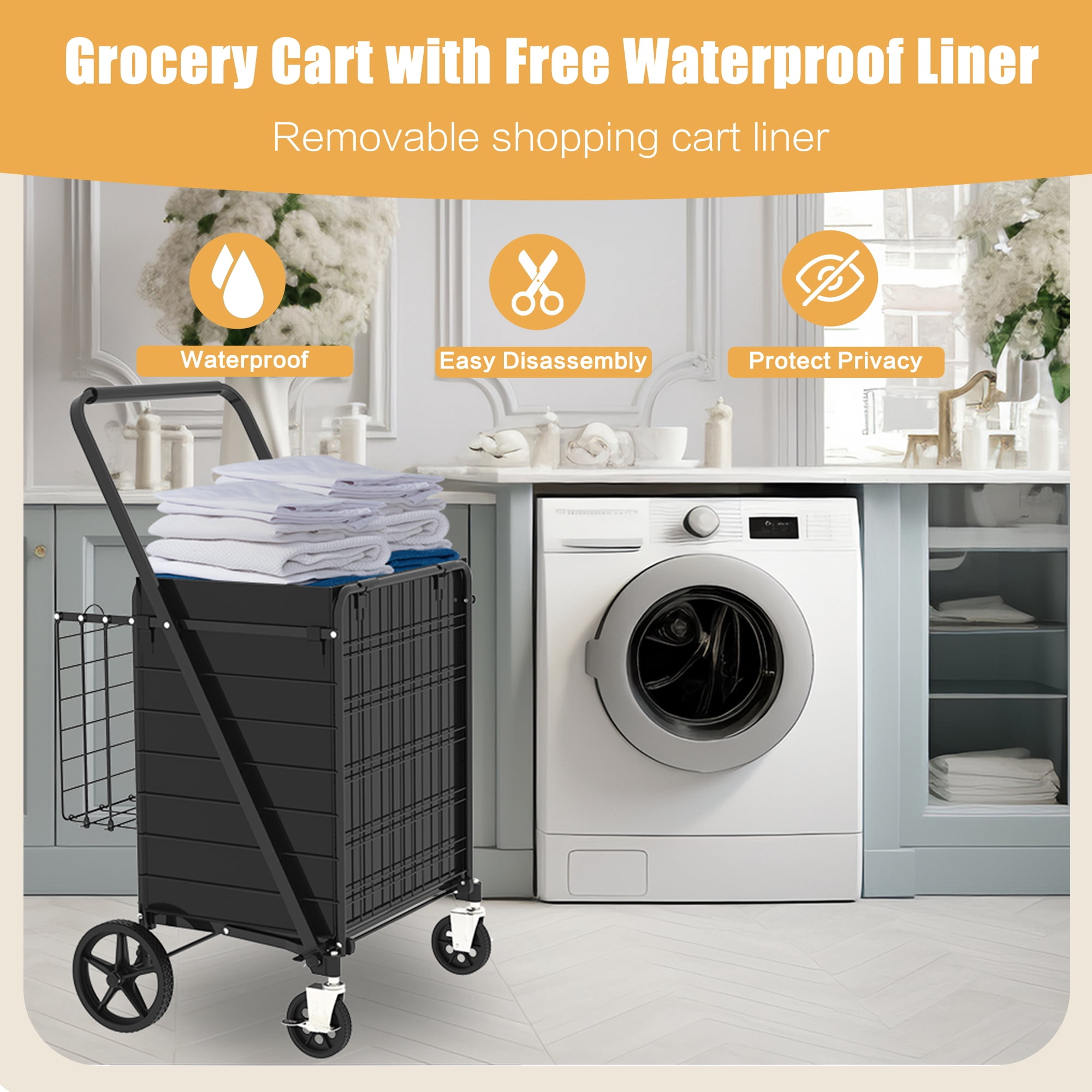 Yoneston Heavy Duty Shopping Cart with Side Basket, 440 LBS Capacity Folding Grocery Cart with Brake Wheels, Utility Cart for Laundry, Groceries, Travel, Black