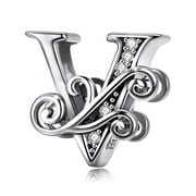 Bamoer 925 Sterling Silver Alphabet Letter V Charms for Bracelets