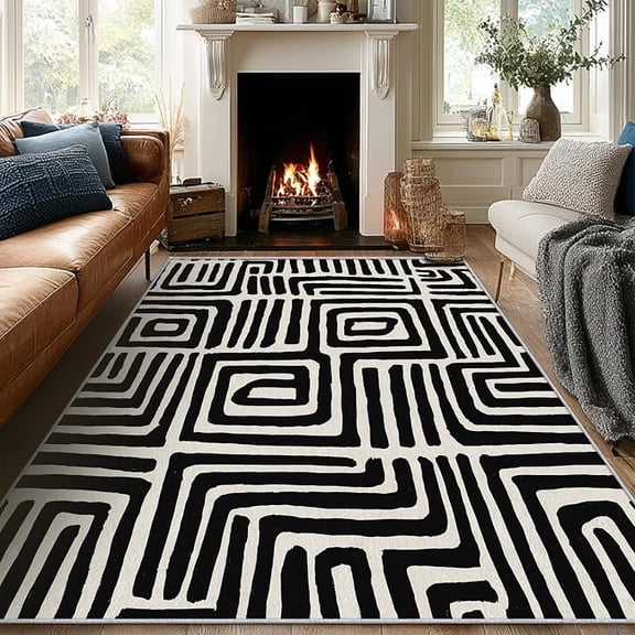 Black and White Striped Rug, Washable Area Rugs for Bedroom, Abstract Geometric Patterned Carpet for Living Room Dining Room Office, Boho Block Decor, Non Slip, Thin, Ultra Soft 4 x 6ft