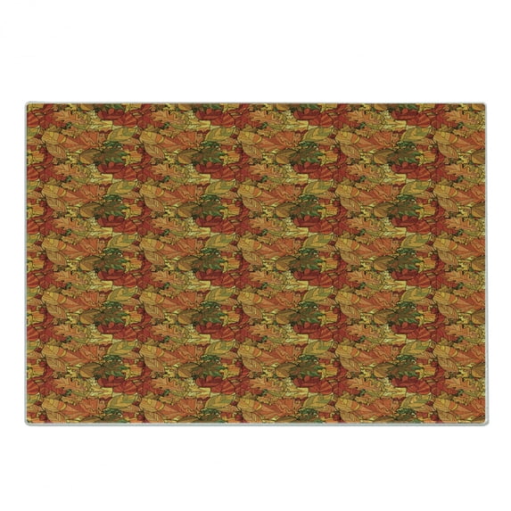 Autumn Cutting Board, Abstract Doodle of Fallen Leaves Earthy Warm Tones Printed Illustration, Decorative Tempered Glass Cutting and Serving Board, in 3 Sizes, by Ambesonne