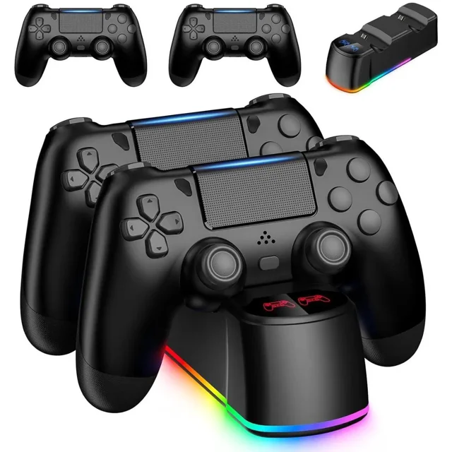 2 Pack Controllers with Charging Dock Station for PS4 Controller, Wireless Controller Compatible with PS4/Pro/Slim Consoles, with LED Charging Dock, Black
