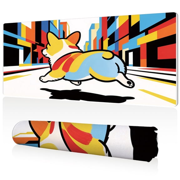 LIVEKEY XXL Gaming Mouse Pad 80x40cm Extra Large Desk Mat Non Slip Rubber Base and Stitched Edges Durable Easy Clean Surface with Running Corgi Art for PC Gaming and Office Setup