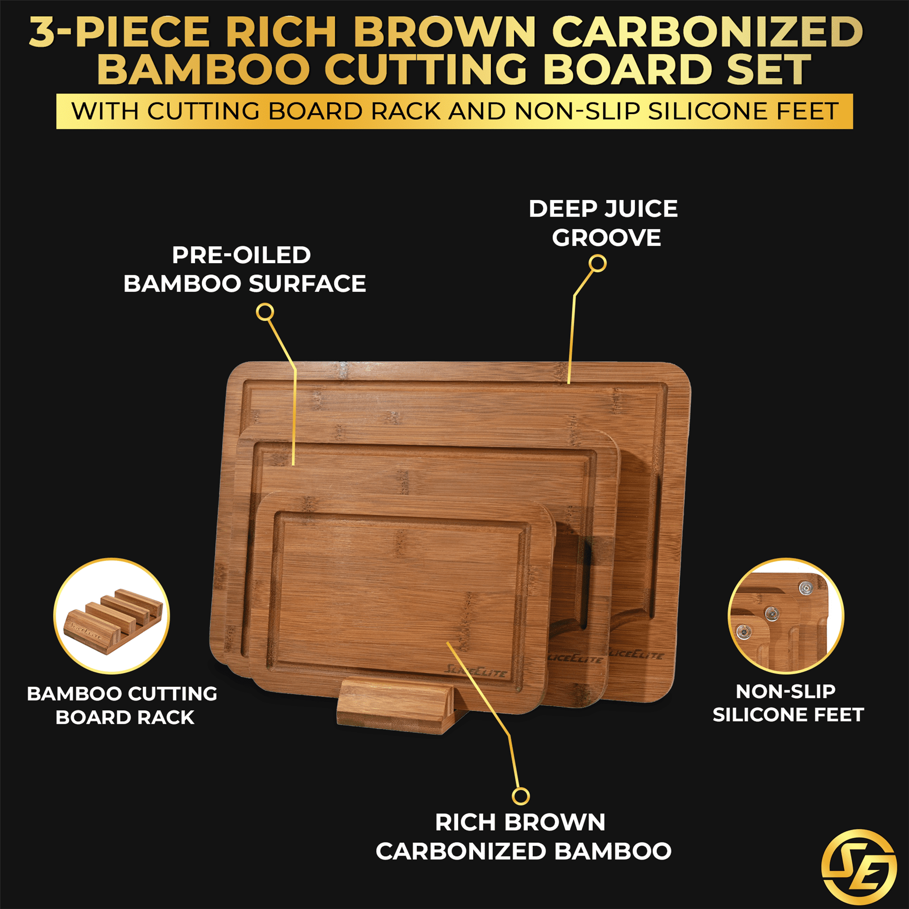 SliceElite Rich Brown Carbonized Bamboo Cutting Board Set 3 Piece Kitchen Boards