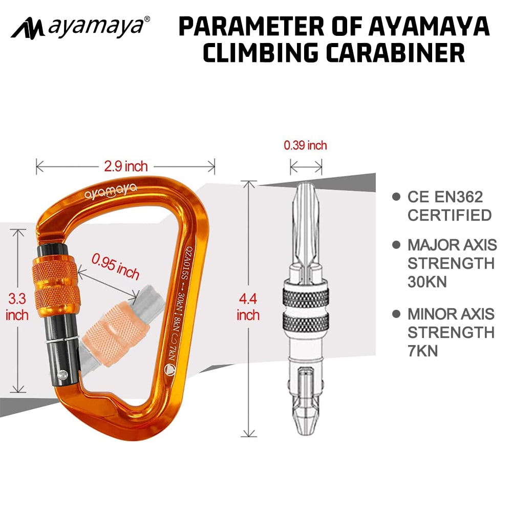 3PACK AYAMAYA Climbing Carabiner, Aluminum D Ring Locking Clip Hook, Screw Locking Screwgate Carabiners,Screw Lock Hook for Traveling Camping (Orange)