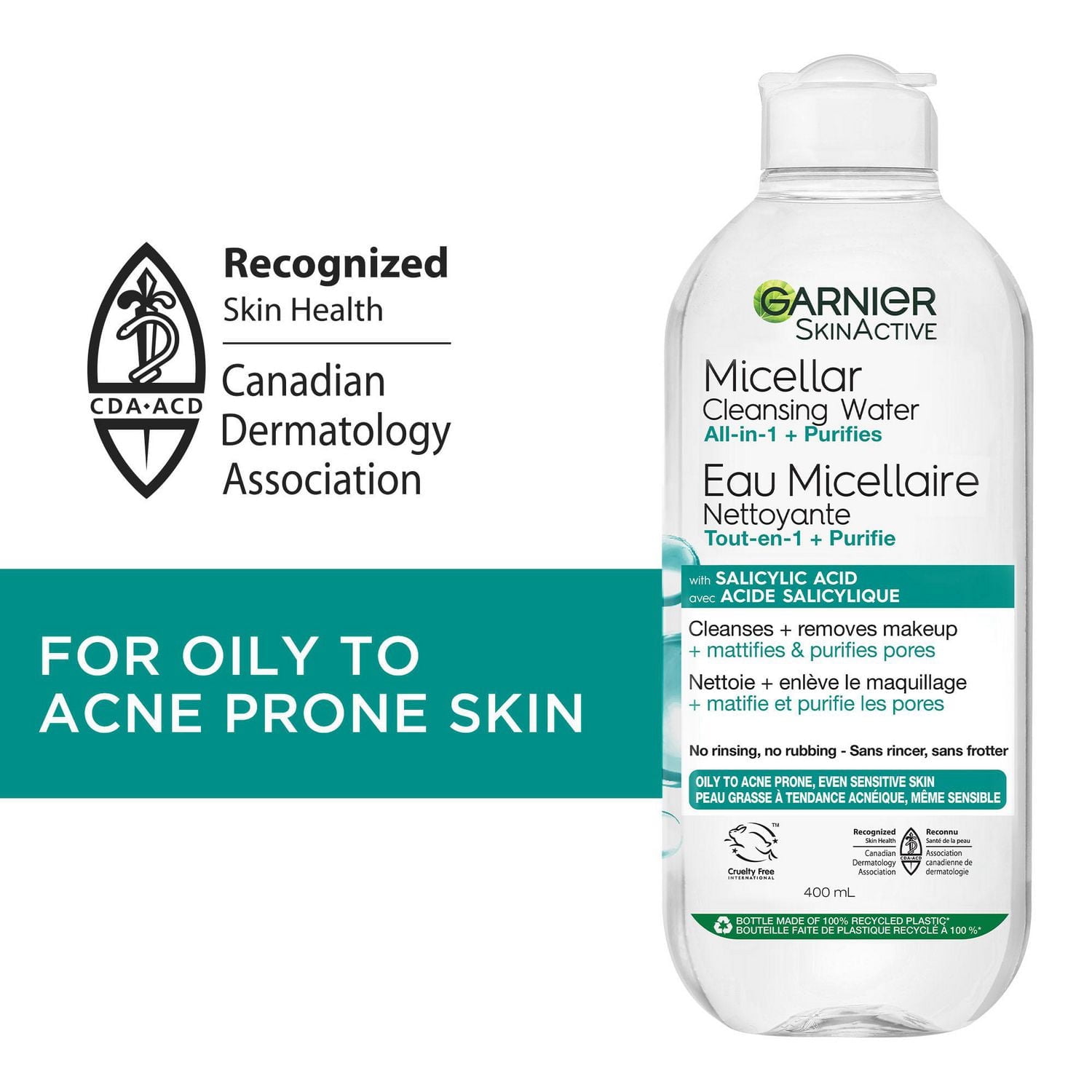 Eau micellaire Garnier à l'acide salicylique pour les peaux grasses à acnéiques sensibles Nettoyant et démaquillant pour le visage