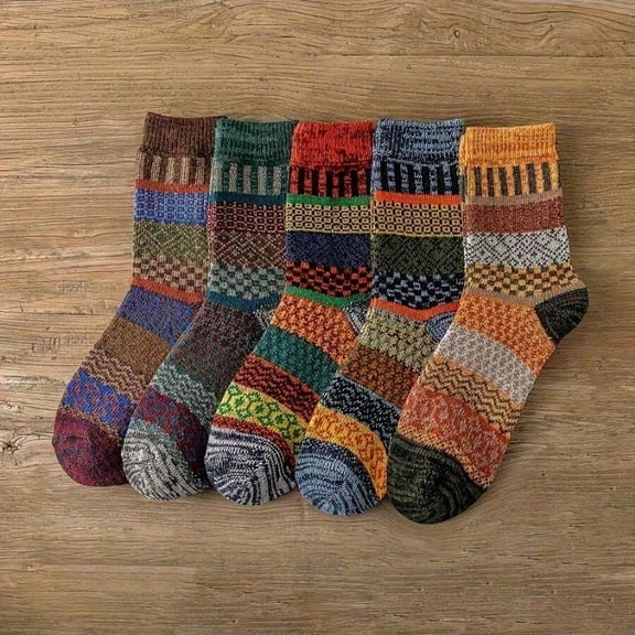 5 Pairs Of Men's Retro Striped Mid Tube Socks, Comfortable And Thick Sports And Leisure Socks, Long Tube Socks, Suitable For Outdoor Daily Wear In Both Spring And Autumn For Men And Women