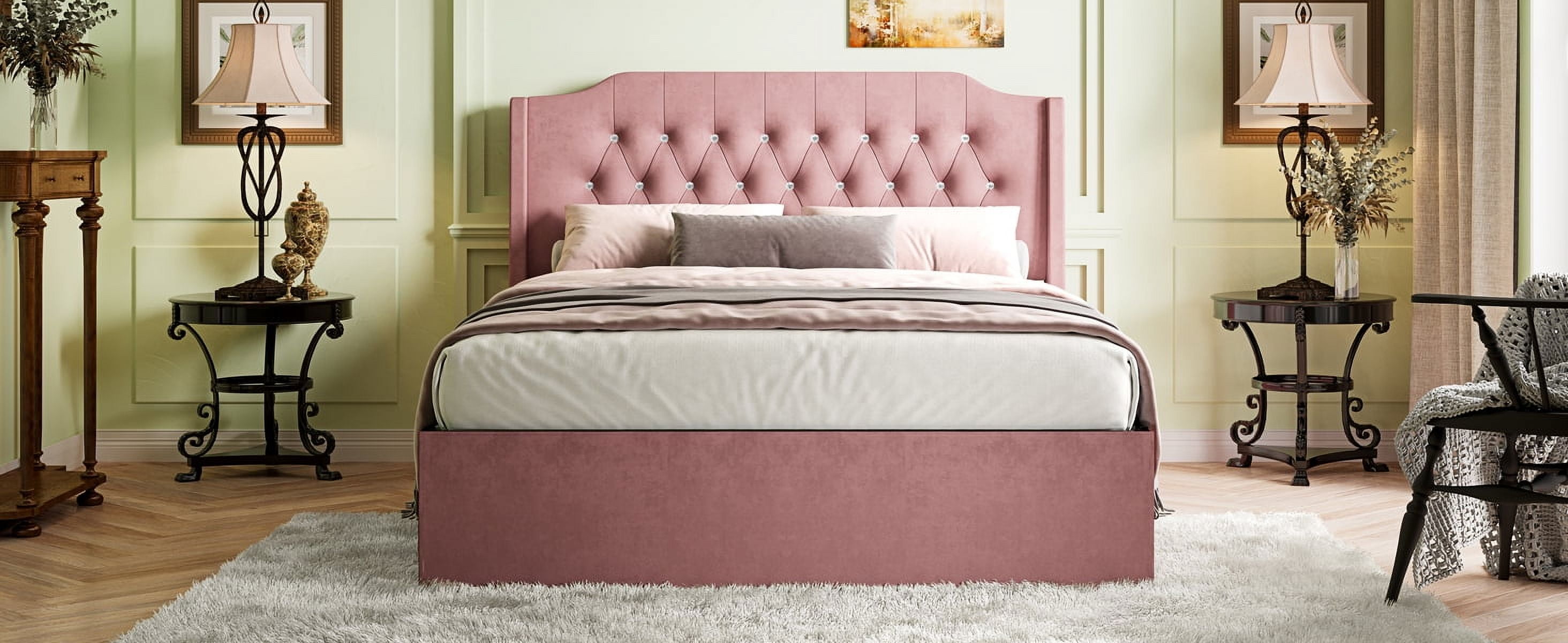Gewnee Queen Size Velvet Modern Bed Frame with Deep Button Anna Diamond Upholstered Platform Tufted Headboard,
