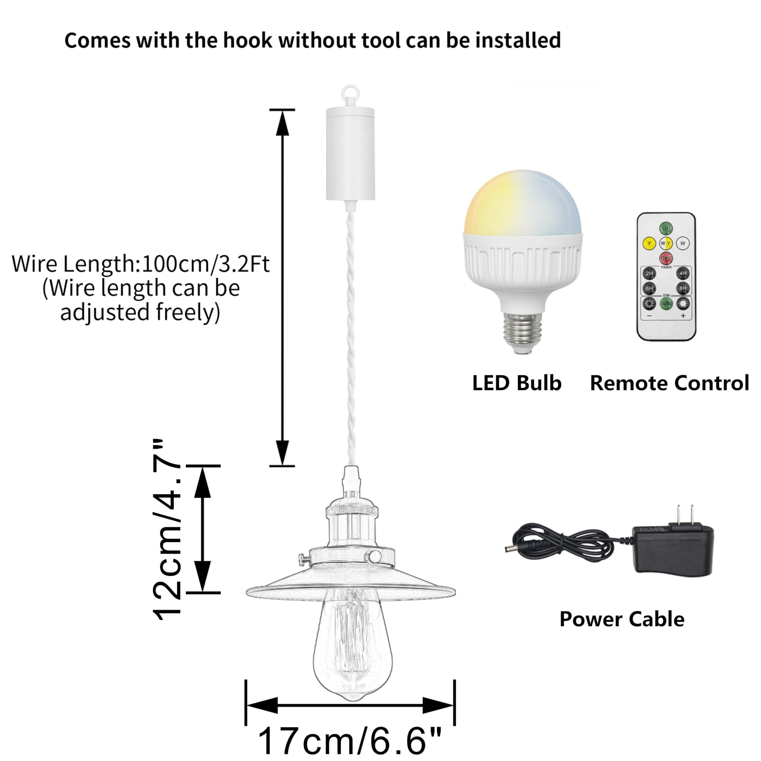 KAYYELAMP Remote LED Bulb Rechargeable Battery Adjusted Height Hanging Light Dimming Timing French Gold Base Black Metal Lamp Simple Design for Kitchen Farmhouse