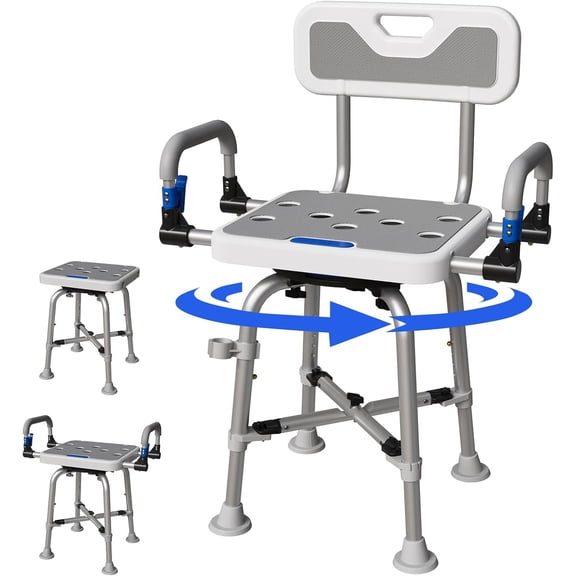 360° Swivel Shower Chair for Elderly and Disabled 400lbs Heavy Duty Bathing Transfer Stool with Armrests & Backrest Adjustable Height Bath Chair for Inside Shower Standard Bathrooms & Bathtubs Gray