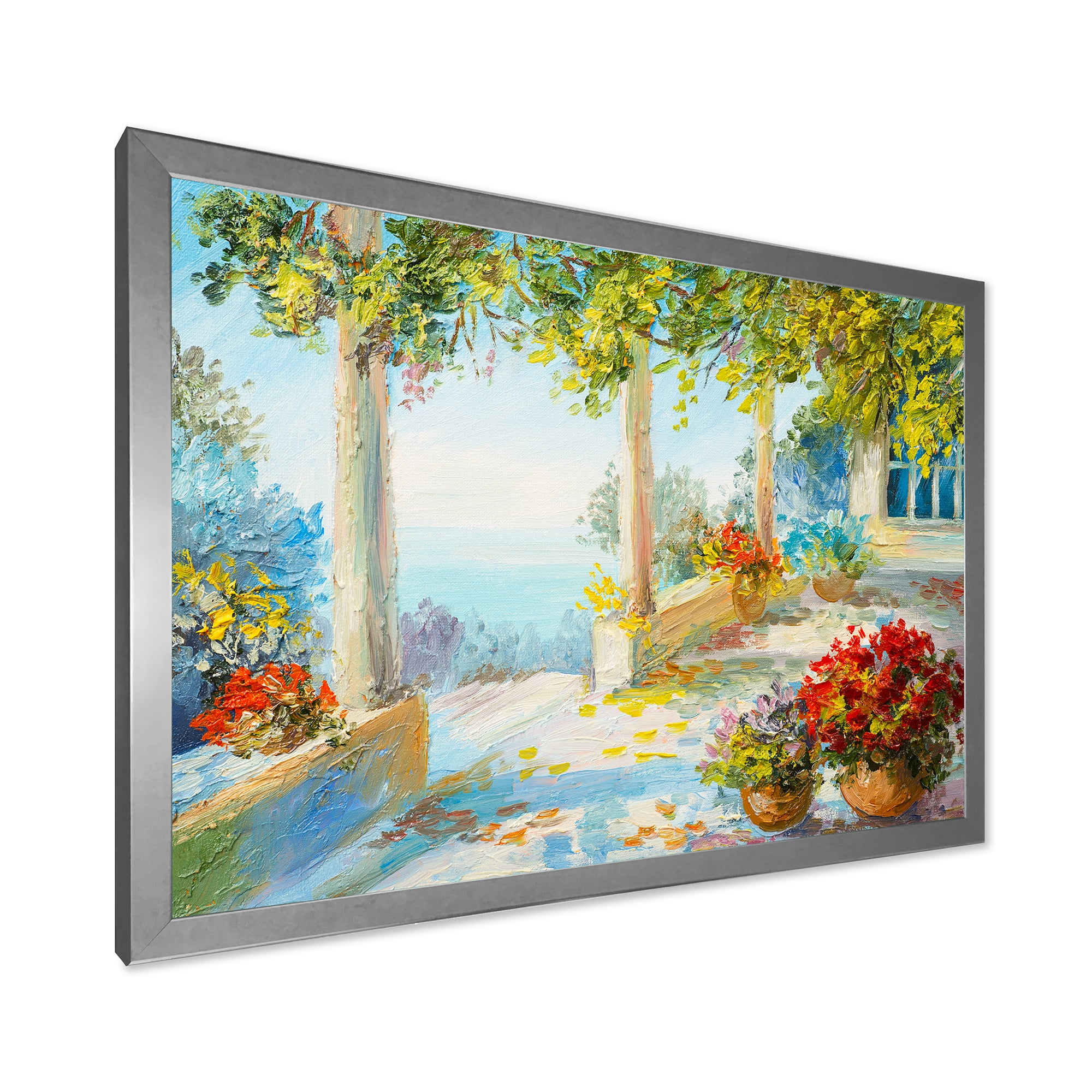 Designart 'Terrace With Red Flowers Near The Sea' Nautical & Coastal Framed Art Print