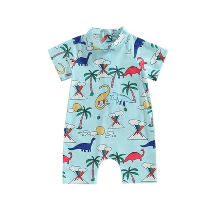 

Qtinghua Toddler Baby Boys Summer Romper Swimsuit Shark/Dinosaur Print Short Sleeve Bathing Suit Swimwear Light Blue 18-24 Months