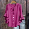 thumbnail image 6 of Only Moment Button Down Shirts for Women Long Sleeve V Neck Ruffle Sleeves Cotton and Linen/Wash Water Wrinkled Cloth Dressy Casual Trendy Tee Spring Fall Summer Fashion Work Clothes Purple,S, 6 of 9